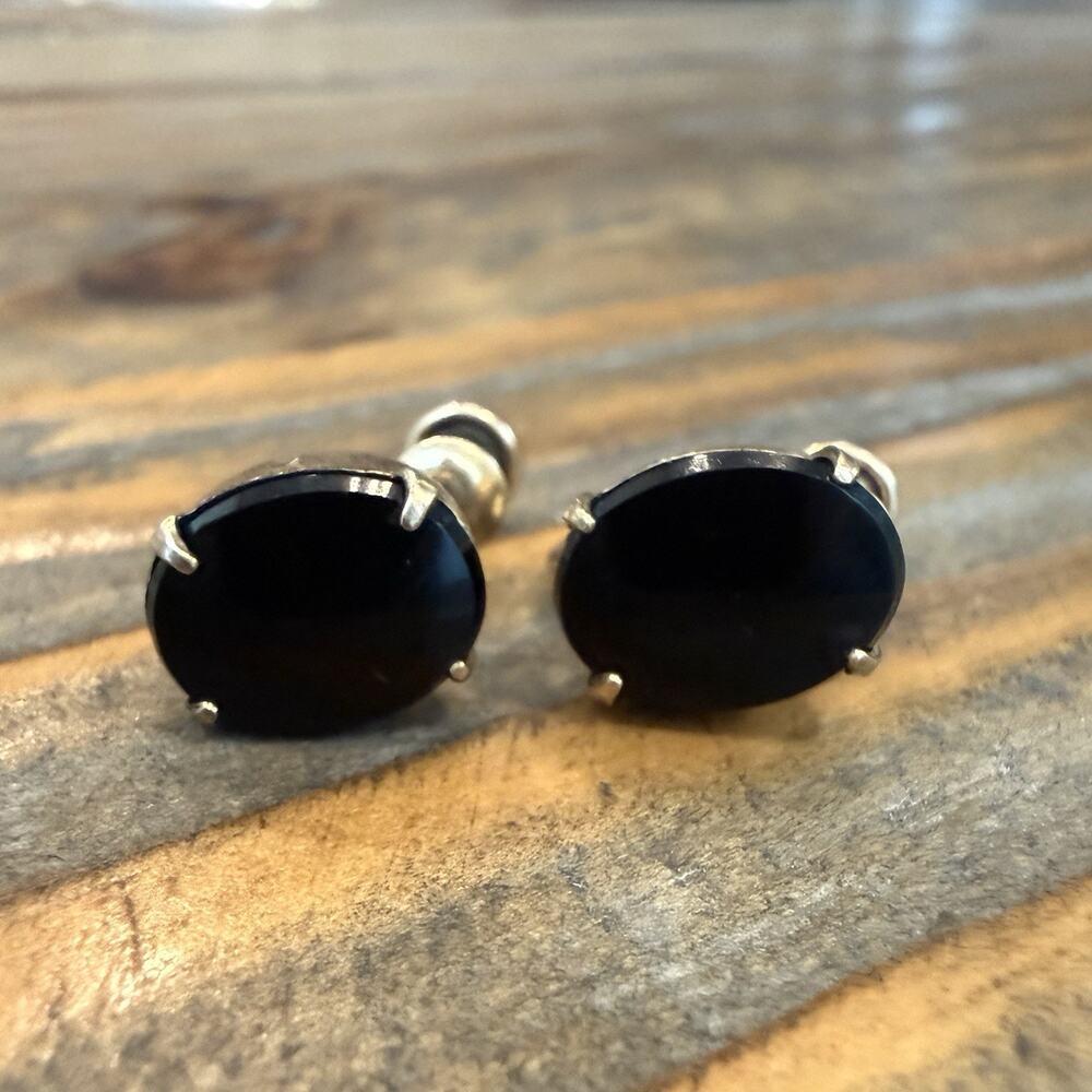 Vintage AMCO Black Onyx Oval Earrings 1/20 12K Gold Filled Signed Retro - Picture 3 of 9